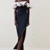 Flash Sale 🧨 Karen Millen Italian Structured Satin Ruffle Bardot Maxi 👗 Dress ✔️
