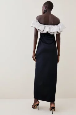 Flash Sale 🧨 Karen Millen Italian Structured Satin Ruffle Bardot Maxi 👗 Dress ✔️ -OCCASION DRESSES Sale2023 bkk07635 mono xl 2