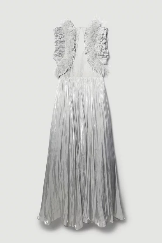 Outlet 🤩 Karen Millen Lydia Millen Metallic Feather Ruffle Woven Maxi 👗 Dress 💯 7 Outlet 🤩 Karen Millen Lydia Millen Metallic Feather Ruffle Woven Maxi 👗 Dress 💯 - Image 6