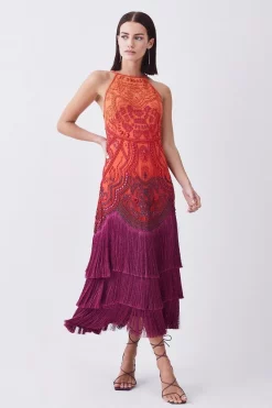 Promo 🔔 Karen Millen Petite Ombre Fringe Strappy Beaded Maxi 👗 Dress 👍