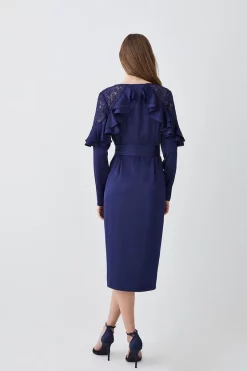 Hot Sale 😉 Karen Millen Satin And Lace Ruffle Woven Midi 👗 Dress 🛒 -OCCASION DRESSES Sale2023 bkk07718 blue xl 2