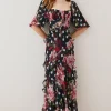 Hot Sale 🔥 Karen Millen Petite Spot Floral Chiffon Square Neck Ruffle Maxi 👗 Dress ⌛