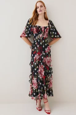 Hot Sale 🔥 Karen Millen Petite Spot Floral Chiffon Square Neck Ruffle Maxi 👗 Dress ⌛