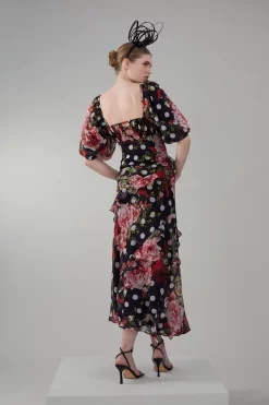 Discount ❤️ Karen Millen Spot Floral Chiffon Square Neck Ruffle Maxi 👗 Dress ⭐ -OCCASION DRESSES Sale2023 bkk07738 multi xl 2