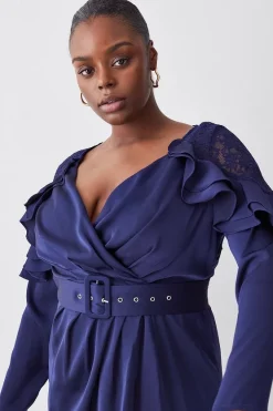 Best Pirce ✨ Karen Millen Plus Size Satin And Lace Ruffle Woven Midi 👗 Dress 🎉 -OCCASION DRESSES Sale2023 bkk07767 blue xl 4