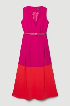Best deal 😉 Karen Millen Soft Tailored Full 👗 Skirt Belted Colour Block Midi 👗 Dress ❤️ -OCCASION DRESSES Sale2023 bkk07787 berry xl 3