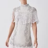 New 🧨 Karen Millen Petite Pearl Embellished Fringed Woven Mini 👗 Dress 😍 -OCCASION DRESSES Sale2023 bkk07885 ivory xl