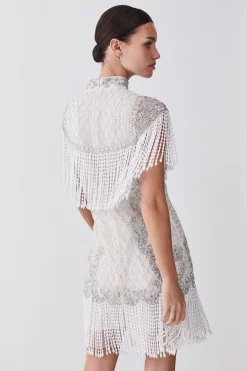 New 🧨 Karen Millen Petite Pearl Embellished Fringed Woven Mini 👗 Dress 😍 -OCCASION DRESSES Sale2023 bkk07885 ivory xl 2