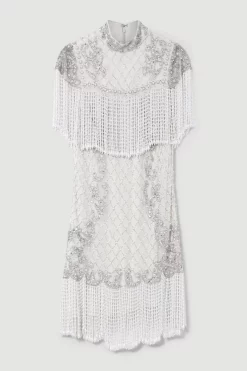 New 🧨 Karen Millen Petite Pearl Embellished Fringed Woven Mini 👗 Dress 😍 -OCCASION DRESSES Sale2023 bkk07885 ivory xl 3