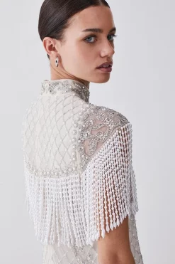 New 🧨 Karen Millen Petite Pearl Embellished Fringed Woven Mini 👗 Dress 😍 -OCCASION DRESSES Sale2023 bkk07885 ivory xl 4