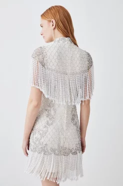 Wholesale 👍 Karen Millen Pearl Embellished Fringed Woven Mini 👗 Dress 👍 -OCCASION DRESSES Sale2023 bkk07886 ivory xl 2