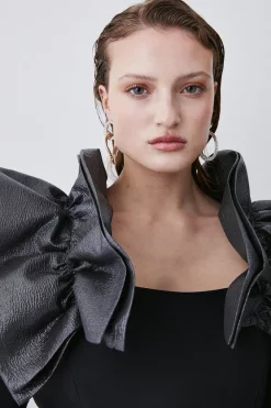 Best Pirce ✔️ Karen Millen Structured Crepe Jacquard Ruffle Shoulder Mini 👗 Dress 🌟 -OCCASION DRESSES Sale2023 bkk07937 black xl 2