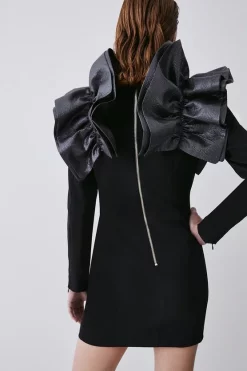 Best Pirce ✔️ Karen Millen Structured Crepe Jacquard Ruffle Shoulder Mini 👗 Dress 🌟 -OCCASION DRESSES Sale2023 bkk07937 black xl 4