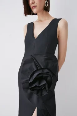 Cheapest ✨ Karen Millen Rosette Taffeta Column Midi 👗 Dress 😀 -OCCASION DRESSES Sale2023 bkk07955 black xl 4