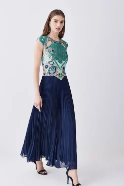 Outlet 🎁 Karen Millen Petite Metallic Guipure Lace Pleated 👗 Skirt Midi 👗 Dress 🌟