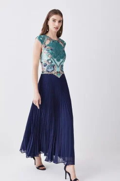 Brand new 🛒 Karen Millen Metallic Guipure Lace Pleated 👗 Skirt Midi 👗 Dress 👍