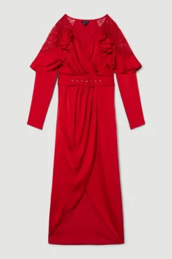 Buy 😉 Karen Millen Satin And Lace Ruffle Woven Midaxi 👗 Dress 💯 -OCCASION DRESSES Sale2023 bkk08023 raspberry xl 3