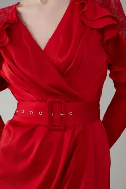 Buy 😉 Karen Millen Satin And Lace Ruffle Woven Midaxi 👗 Dress 💯 -OCCASION DRESSES Sale2023 bkk08023 raspberry xl 4