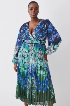 Wholesale โ Karen Millen Plus Size Mirrored Ombre Floral Pleat Drama Woven Midi ๐ Dress ๐