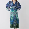Flash Sale ⌛ Karen Millen Mirrored Ombre Floral Pleat Drama Woven Midi 👗 Dress 🎁 -OCCASION DRESSES Sale2023 bkk08075 blue xl