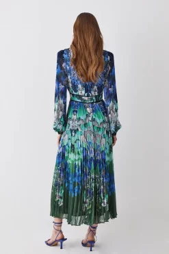 Flash Sale ⌛ Karen Millen Mirrored Ombre Floral Pleat Drama Woven Midi 👗 Dress 🎁 -OCCASION DRESSES Sale2023 bkk08075 blue xl 2