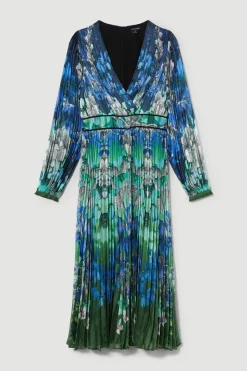 Flash Sale ⌛ Karen Millen Mirrored Ombre Floral Pleat Drama Woven Midi 👗 Dress 🎁 -OCCASION DRESSES Sale2023 bkk08075 blue xl 3