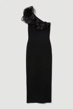 Best Pirce 🔥 Karen Millen Petite One Shoulder Organza Flower Detail Knit Midi 👗 Dress 😍 -OCCASION DRESSES Sale2023 bkk08079 black xl 3