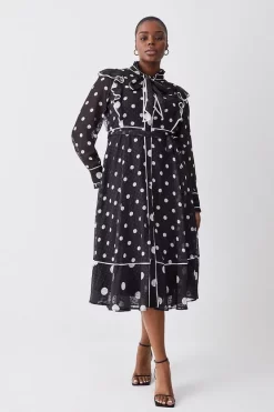 Wholesale ๐ Karen Millen Plus Size Mono Mixed Dot Piped Ruffle Georgette Midi ๐ Dress ๐