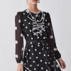Buy 😀 Karen Millen Tall Mono Mixed Dot Piped Ruffle Belted Mini 👗 Dress 🥰