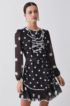Buy 😀 Karen Millen Tall Mono Mixed Dot Piped Ruffle Belted Mini 👗 Dress 🥰
