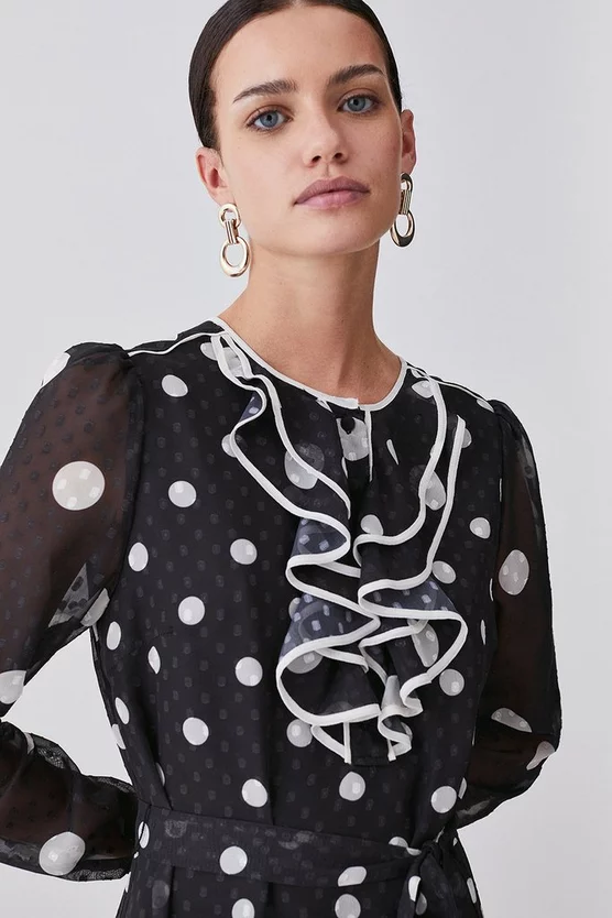 Buy 😀 Karen Millen Tall Mono Mixed Dot Piped Ruffle Belted Mini 👗 Dress 🥰 3 Buy 😀 Karen Millen Tall Mono Mixed Dot Piped Ruffle Belted Mini 👗 Dress 🥰 - Image 2