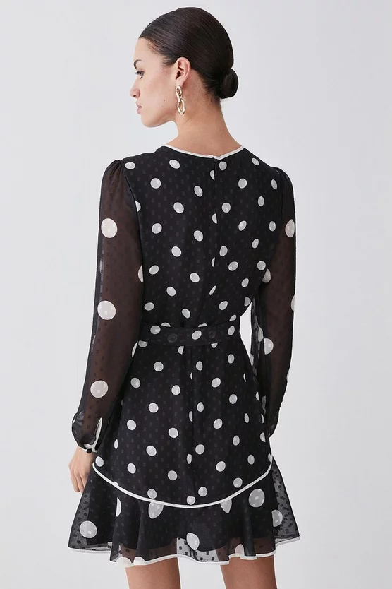 Buy 😀 Karen Millen Tall Mono Mixed Dot Piped Ruffle Belted Mini 👗 Dress 🥰 4 Buy 😀 Karen Millen Tall Mono Mixed Dot Piped Ruffle Belted Mini 👗 Dress 🥰 - Image 3