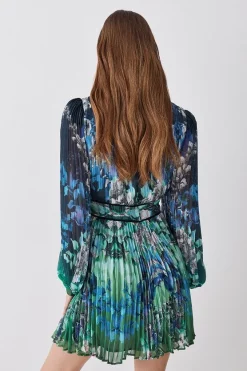 Hot Sale ⌛ Karen Millen Petite Mirrored Ombre Floral Pleat Drama Woven Mini 👗 Dress 😀 -OCCASION DRESSES Sale2023 bkk08126 blue xl 2