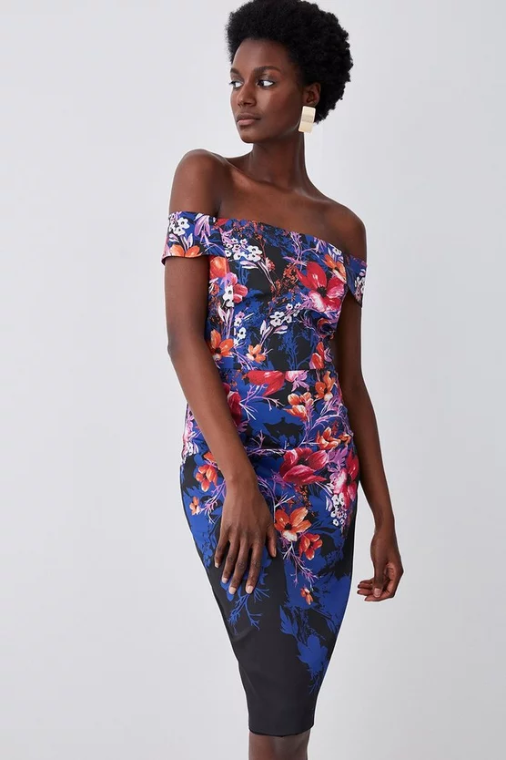 Best Pirce 🎉 Karen Millen Italian Structured Stretch Midnight Floral Bardot Midi 👗 Dress 👏 4 Best Pirce 🎉 Karen Millen Italian Structured Stretch Midnight Floral Bardot Midi 👗 Dress 👏 - Image 2