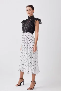 Coupon 🤩 Karen Millen Petite Guipure Lace Dot Pleated 👗 Skirt Midi 👗 Dress 👏