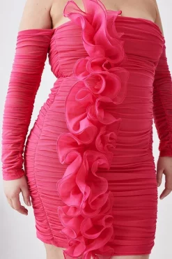 Hot Sale 🧨 Karen Millen Plus Size Ponte Mesh Rouched Organza Frill Bardot Mini 👗 Dress 🎉 -OCCASION DRESSES Sale2023 bkk08198 pink xl 4