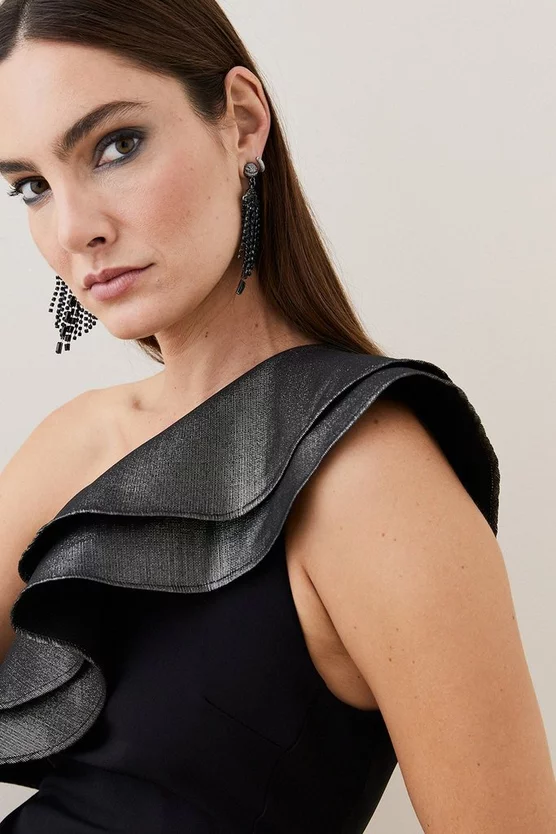 Outlet ⌛ Karen Millen Geo Jacquard Contrast Ruffle Pencil Midi 👗 Dress 👍 4 Outlet ⌛ Karen Millen Geo Jacquard Contrast Ruffle Pencil Midi 👗 Dress 👍 - Image 2