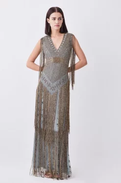 Best Sale ✨ Karen Millen Petite Beaded Fringed Woven Maxi 👗 Dress 🛒