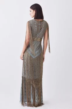 Best Sale ✨ Karen Millen Petite Beaded Fringed Woven Maxi 👗 Dress 🛒 -OCCASION DRESSES Sale2023 bkk08261 sage xl 2
