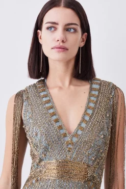 Best Sale ✨ Karen Millen Petite Beaded Fringed Woven Maxi 👗 Dress 🛒 -OCCASION DRESSES Sale2023 bkk08261 sage xl 4
