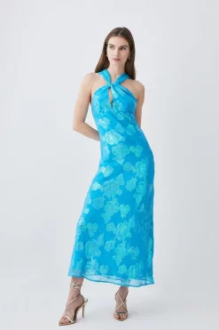 Deals 😉 Karen Millen Metallic Iridescent Halter Column Midi 👗 Dress 💯