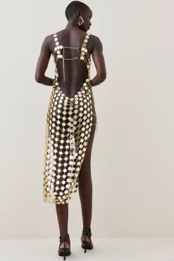 New 🌟 Karen Millen Mirrored Disc Side Split Maxi 👗 Dress 😉 -OCCASION DRESSES Sale2023 bkk08365 gold xl 2