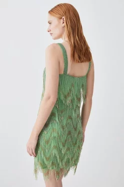 Cheap 🌟 Karen Millen Square Neck Embellished Fringed Mini 👗 Dress 🤩 -OCCASION DRESSES Sale2023 bkk08390 green xl 2