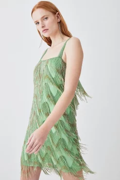 Cheap 🌟 Karen Millen Square Neck Embellished Fringed Mini 👗 Dress 🤩 -OCCASION DRESSES Sale2023 bkk08390 green xl 4