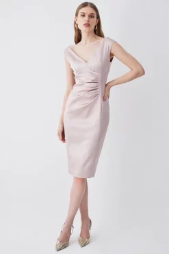 Hot Sale 🔥 Karen Millen Italian Structured Satin Off The Shoulder Pencil Midi 👗 Dress 🎁