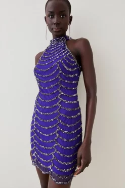 Promo 😍 Karen Millen Tall Draped Beaded High Neck Mini 👗 Dress 😍