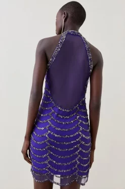 Promo 😍 Karen Millen Tall Draped Beaded High Neck Mini 👗 Dress 😍 -OCCASION DRESSES Sale2023 bkk08630 electric20blue xl 2