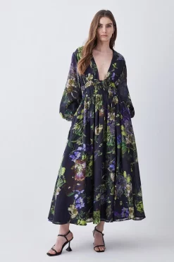 Promo π€© Karen Millen Silk Cotton Botanical Floral Woven Maxi π Dress π₯°