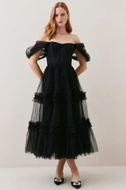 Hot Sale ⌛ Karen Millen Lydia Millen Corset Detail Tulle Tiered Woven 👗 Dress 🧨 -OCCASION DRESSES Sale2023 bkk08669 black xl 2