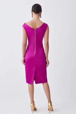 Promo 🔥 Karen Millen Petite Italian Structured Satin Off The Shoulder Pencil Midi 👗 Dress ✔️ -OCCASION DRESSES Sale2023 bkk08912 magenta xl 2